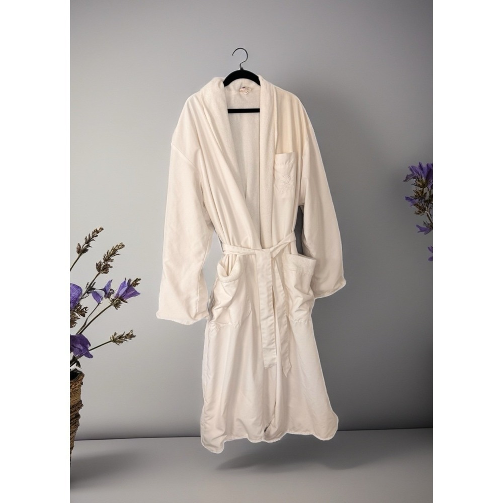VTG Romain Paris 2000 Robe Unisex L/XL Cream Terry Lined Embroidered Loungewear